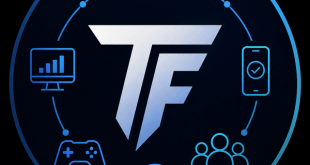 Side Income By TF logo: a dark circular badge with the letters TF surrounded by small blue business and technology icons.