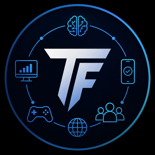 Side Income By TF logo: a dark blue circular badge with the letters TF surrounded by blue icons of a brain, computer, phone, game controller, globe, and people.