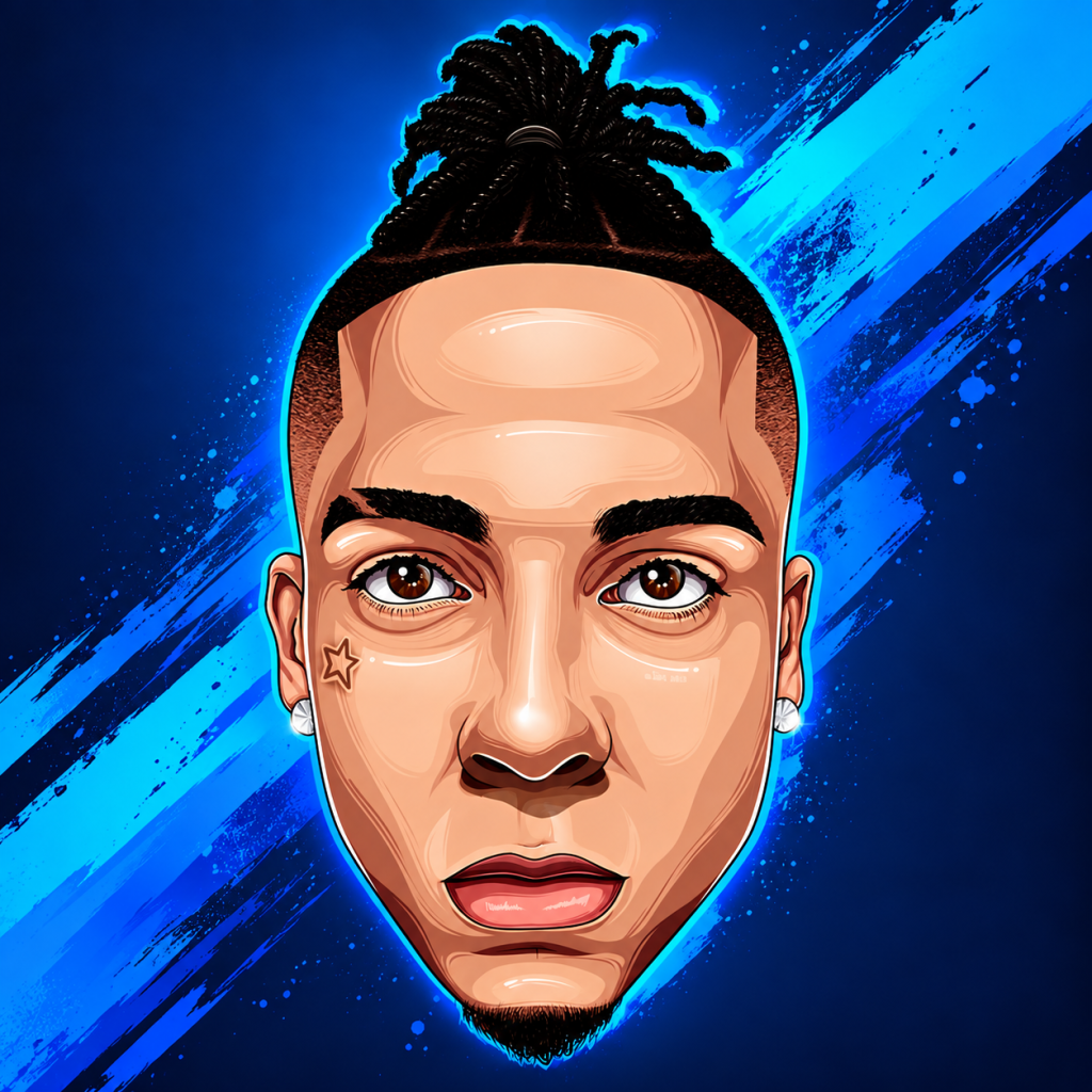Illustrated portrait of a man with braided hair tied in a bun, set against a blue background with paint brush strokes.