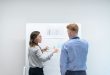A woman explaining a strategy diagram on a whiteboard to a colleague